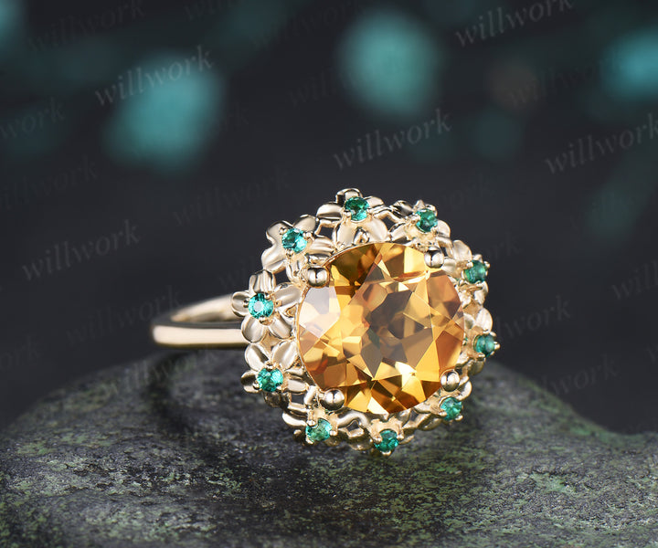 Vintage Round Citrine Engagement Ring Unique Floral Emerald Halo Promise Ring November Birthstone Ring Gifts