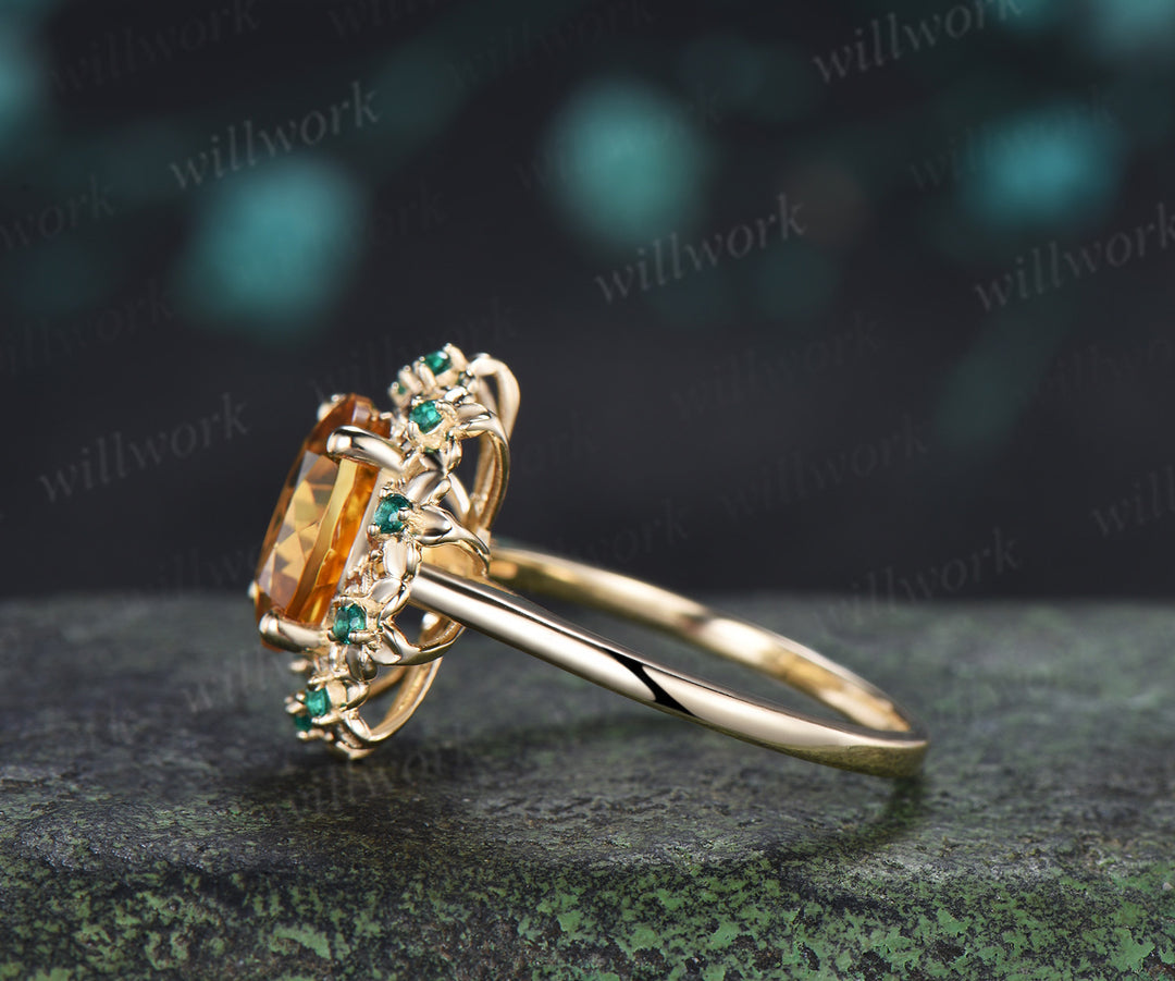 Vintage Round Citrine Engagement Ring Unique Floral Emerald Halo Promise Ring November Birthstone Ring Gifts
