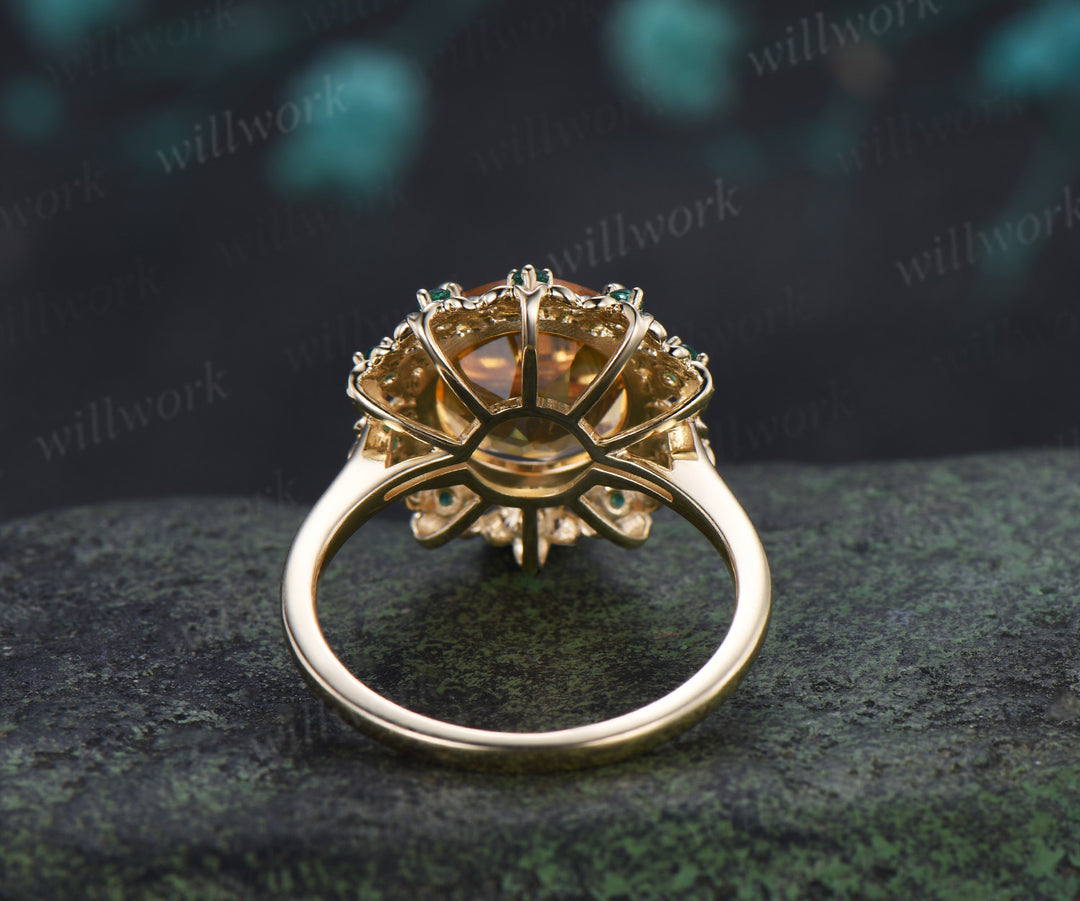 Vintage Round Citrine Engagement Ring Unique Floral Emerald Halo Promise Ring November Birthstone Ring Gifts
