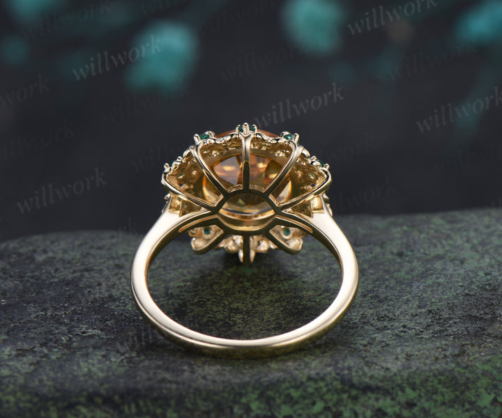 Vintage Round Citrine Engagement Ring Unique Floral Emerald Halo Promise Ring November Birthstone Ring Gifts