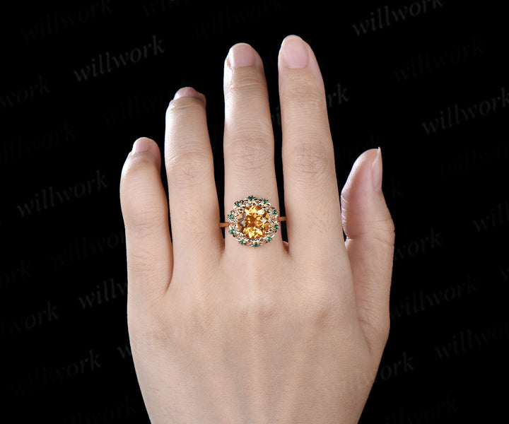 Vintage Round Citrine Engagement Ring Unique Floral Emerald Halo Promise Ring November Birthstone Ring Gifts