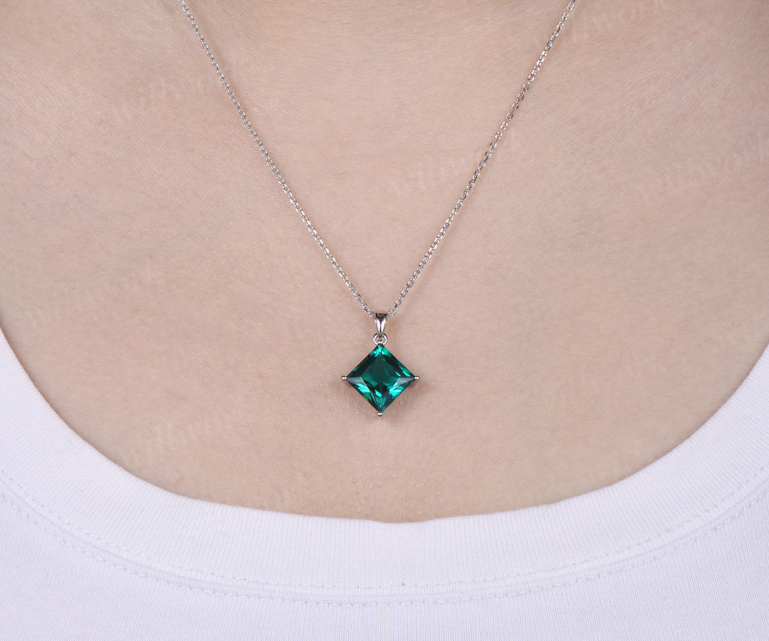 6ct princess cut green emerald necklace solitaire green gemstone pendant necklace May birthstone gift