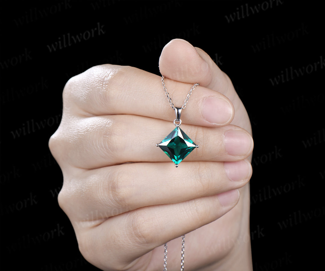 6ct princess cut green emerald necklace solitaire green gemstone pendant necklace May birthstone gift