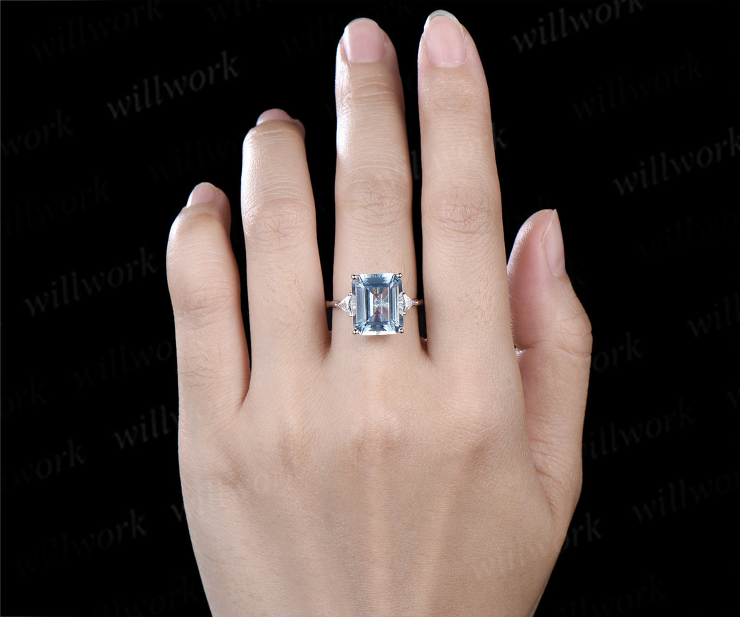 Vintage 10x12mm emerald cut aquamarine ring minimalist three trillion cut moissanite ring March Jewelry
