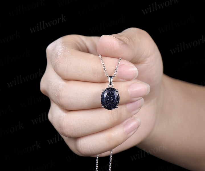 Unique 10x12mm oval cut blue sandstone pendant necklace solitaire Galaxy gemstone necklace gifts