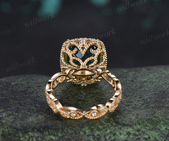 Cushion Cut Filigree Halo Emerald Engagement Ring Vintage Leaf Milgrain Full Eternity Ring May Birthstone Jewelry