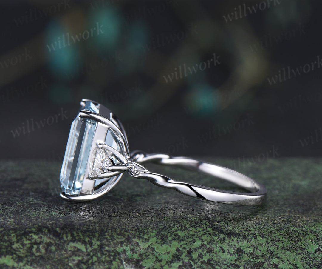 Vintage 10x12mm emerald cut aquamarine ring minimalist three trillion cut moissanite ring March Jewelry