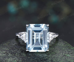 Vintage 10x12mm emerald cut aquamarine ring minimalist three trillion cut moissanite ring March Jewelry