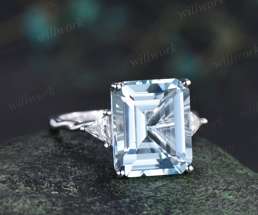Vintage 10x12mm emerald cut aquamarine ring minimalist three trillion cut moissanite ring March Jewelry