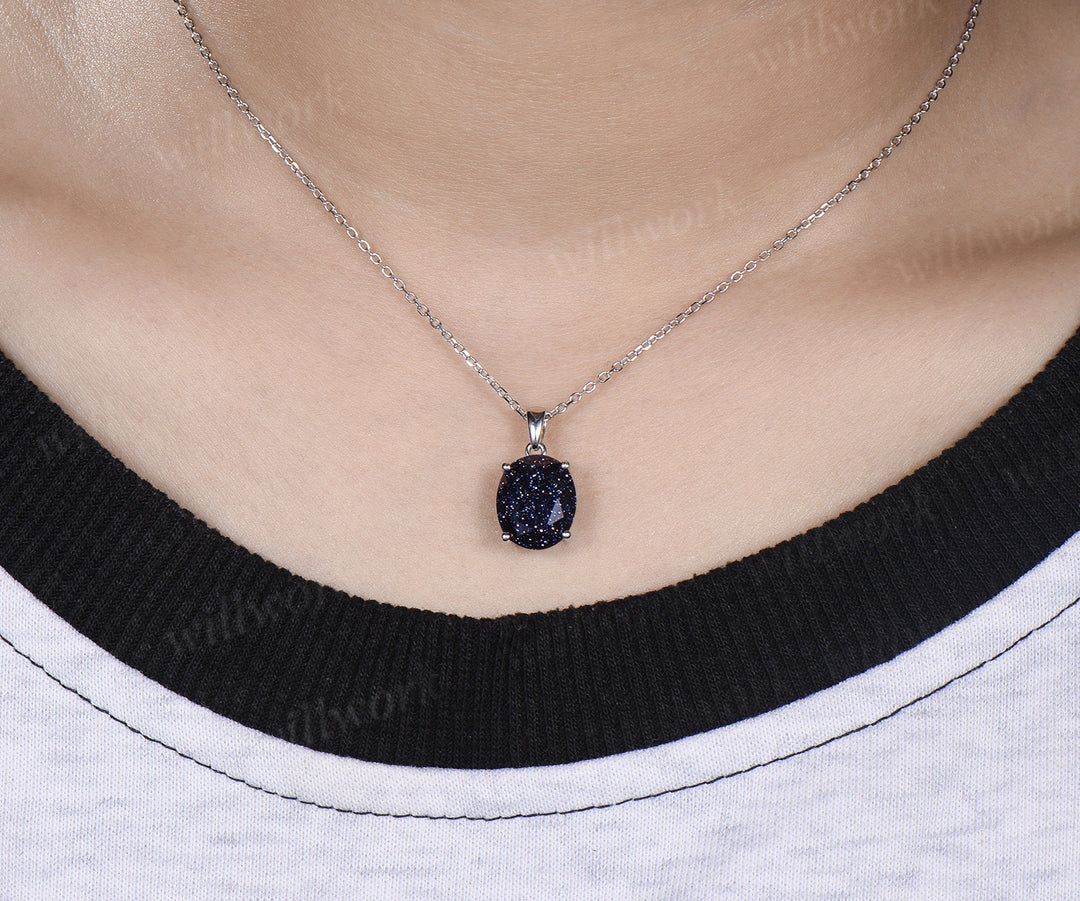 Unique 10x12mm oval cut blue sandstone pendant necklace solitaire Galaxy gemstone necklace gifts