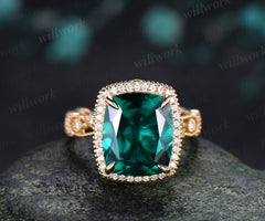 Cushion Cut Filigree Halo Emerald Engagement Ring Vintage Leaf Milgrain Full Eternity Ring May Birthstone Jewelry