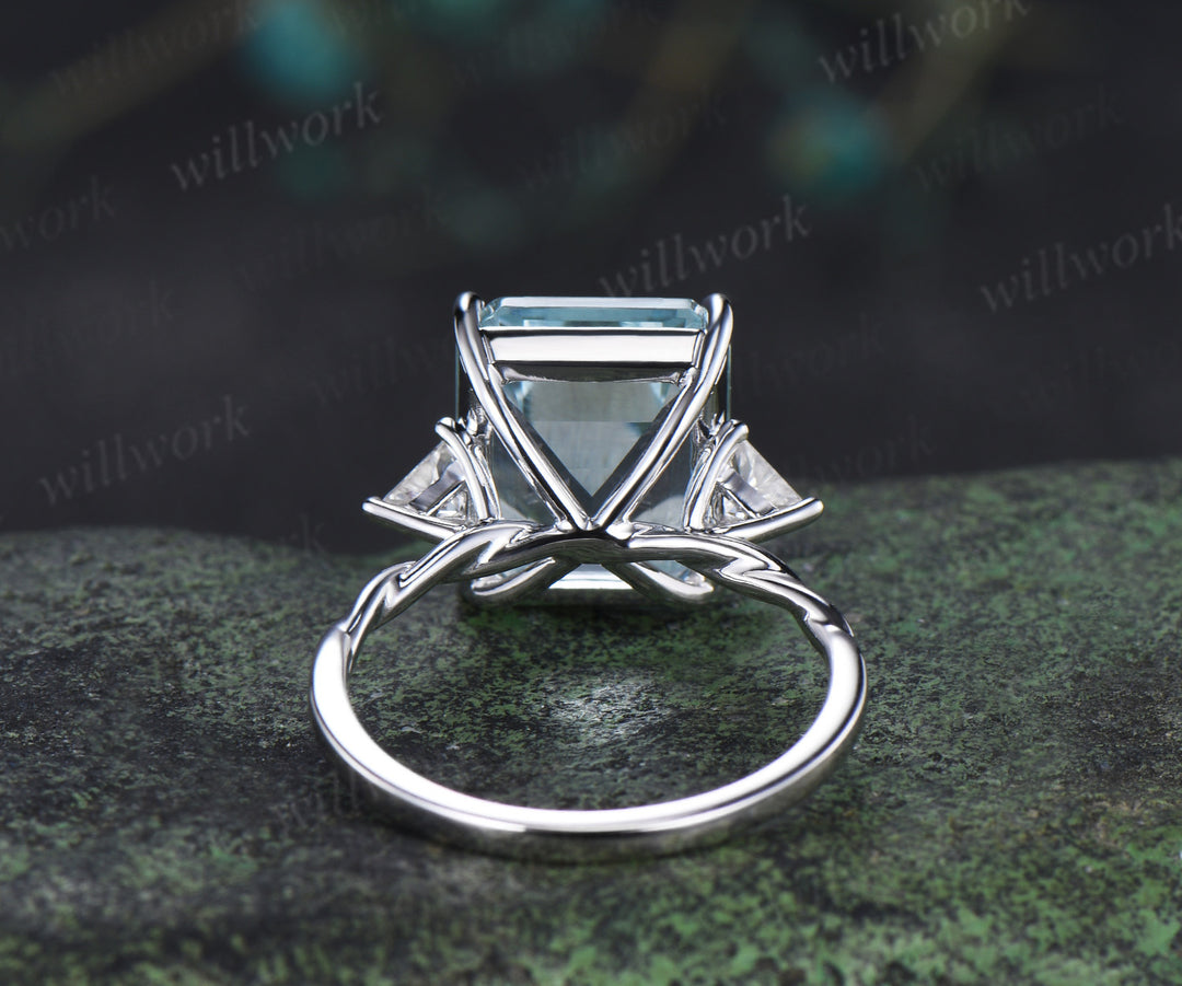 Vintage 10x12mm emerald cut aquamarine ring minimalist three trillion cut moissanite ring March Jewelry