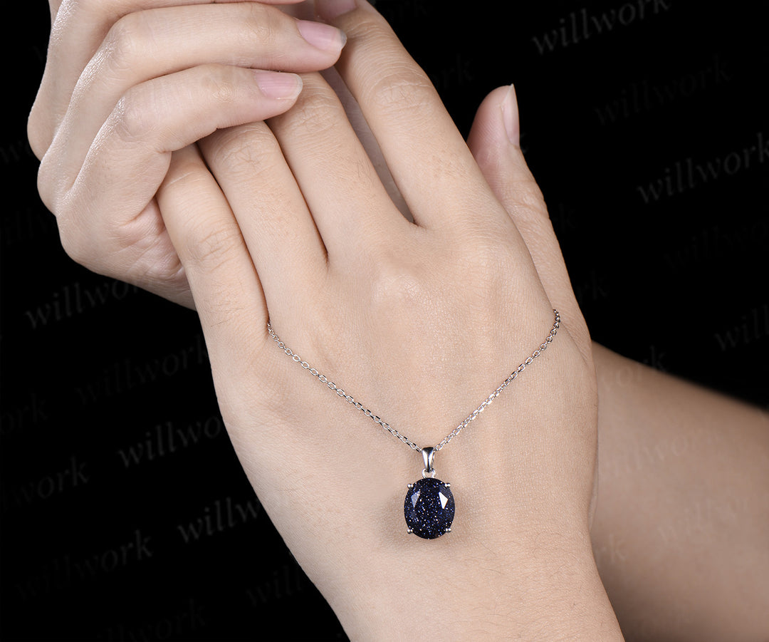 Unique 10x12mm oval cut blue sandstone pendant necklace solitaire Galaxy gemstone necklace gifts