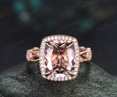 Vintage cushion cut morganite engagement ring rose gold leaf milgrain full eternity ring filigree halo art deco bridal jewelry