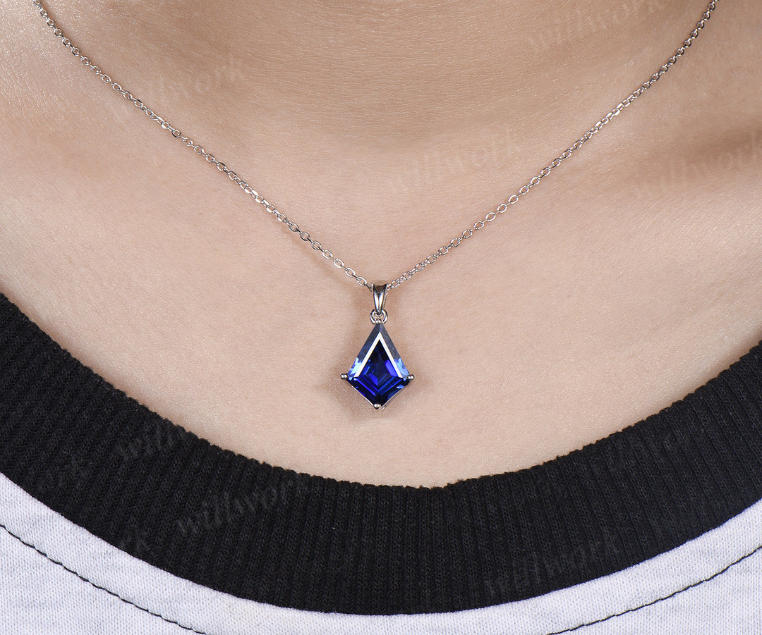 10x13mm kite cut blue sapphire necklace minimalist solitaire blue gemstone pendant September jewelry gifts