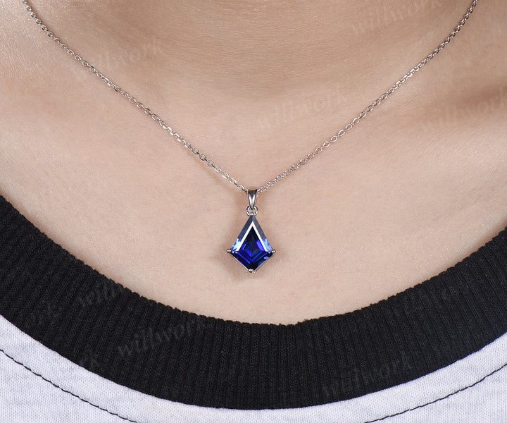 10x13mm kite cut blue sapphire necklace minimalist solitaire blue gemstone pendant September jewelry gifts