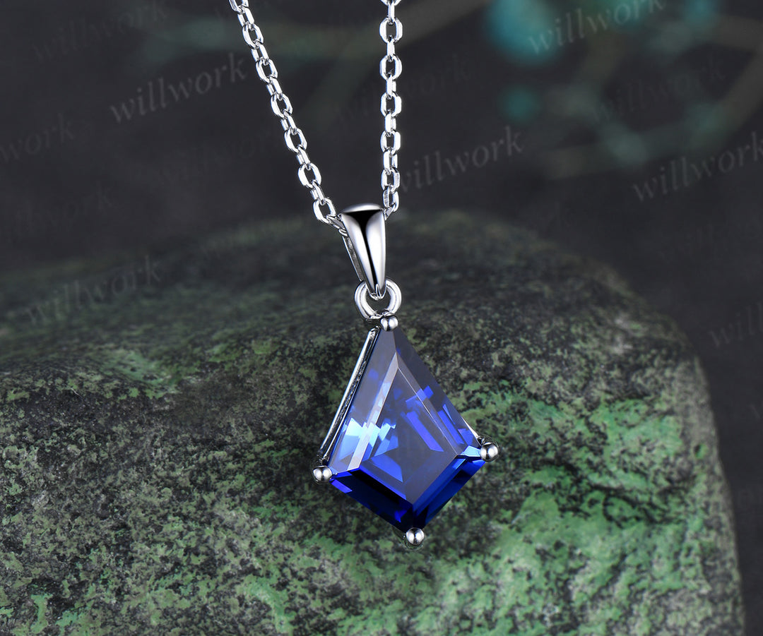 10x13mm kite cut blue sapphire necklace minimalist solitaire blue gemstone pendant September jewelry gifts