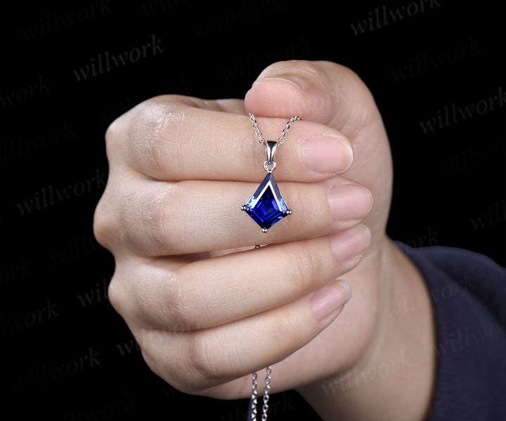 10x13mm kite cut blue sapphire necklace minimalist solitaire blue gemstone pendant September jewelry gifts