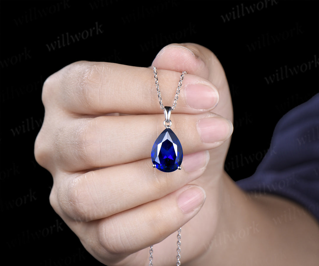 6ct pear cut blue sapphire necklace solid 14k 18k white gold solitaire pendant September birthstone anniversary bridal gift mother