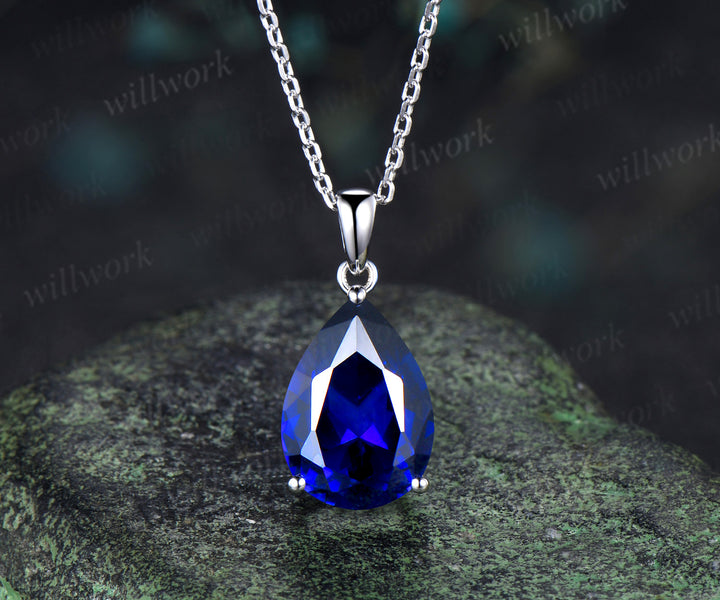 6ct pear cut blue sapphire necklace solid 14k 18k white gold solitaire pendant September birthstone anniversary bridal gift mother