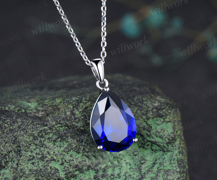 6ct pear cut blue sapphire necklace solid 14k 18k white gold solitaire pendant September birthstone anniversary bridal gift mother