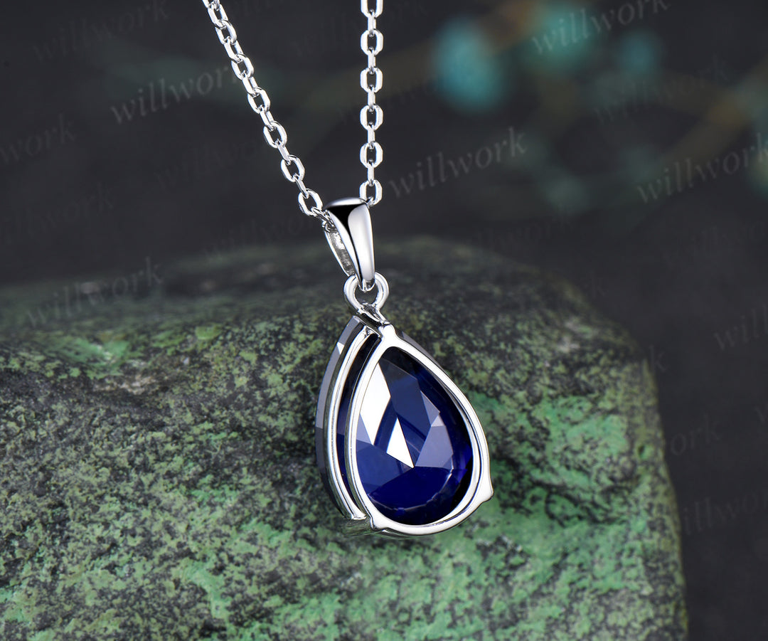 6ct pear cut blue sapphire necklace solid 14k 18k white gold solitaire pendant September birthstone anniversary bridal gift mother