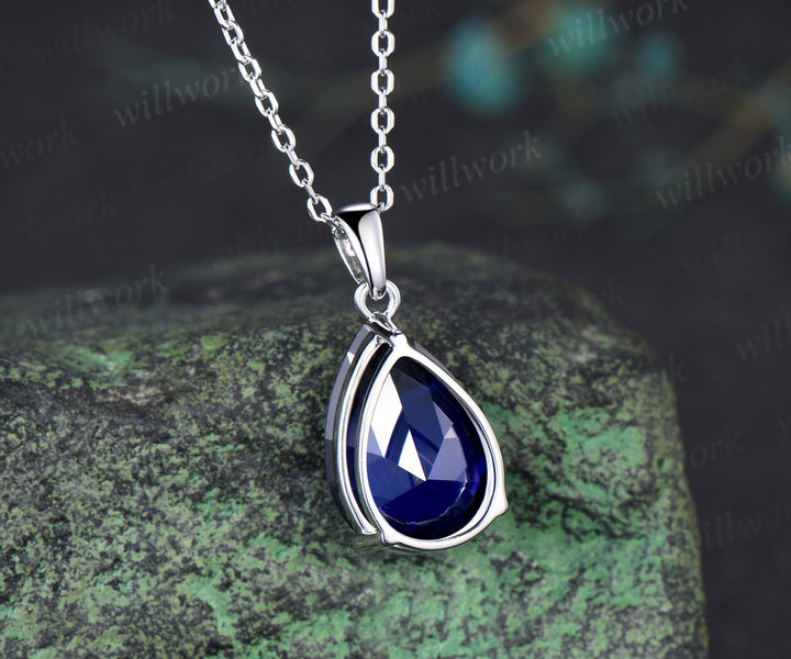 6ct pear cut blue sapphire necklace solid 14k 18k white gold solitaire pendant September birthstone anniversary bridal gift mother