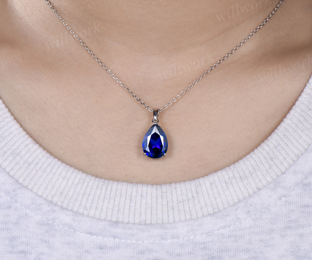 6ct pear cut blue sapphire necklace solid 14k 18k white gold solitaire pendant September birthstone anniversary bridal gift mother