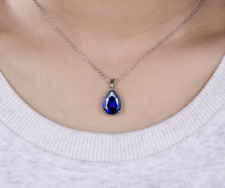 6ct pear cut blue sapphire necklace solid 14k 18k white gold solitaire pendant September birthstone anniversary bridal gift mother