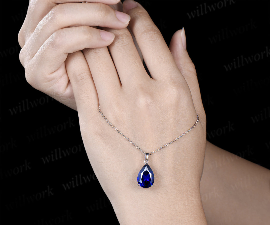 6ct pear cut blue sapphire necklace solid 14k 18k white gold solitaire pendant September birthstone anniversary bridal gift mother