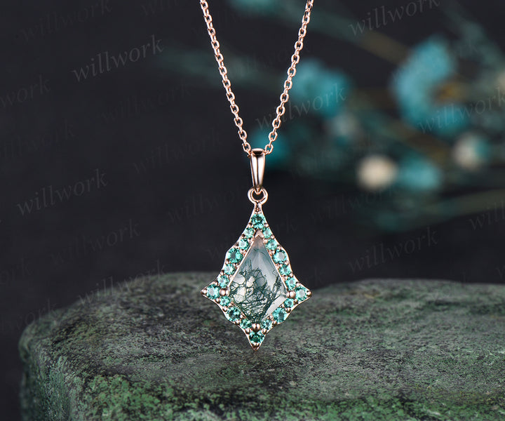 Kite Cut Natural Green Moss Agate Necklace Unique Wave Halo green emerald Necklace Pendant Rose Gold Women Mother Anniversary Gift