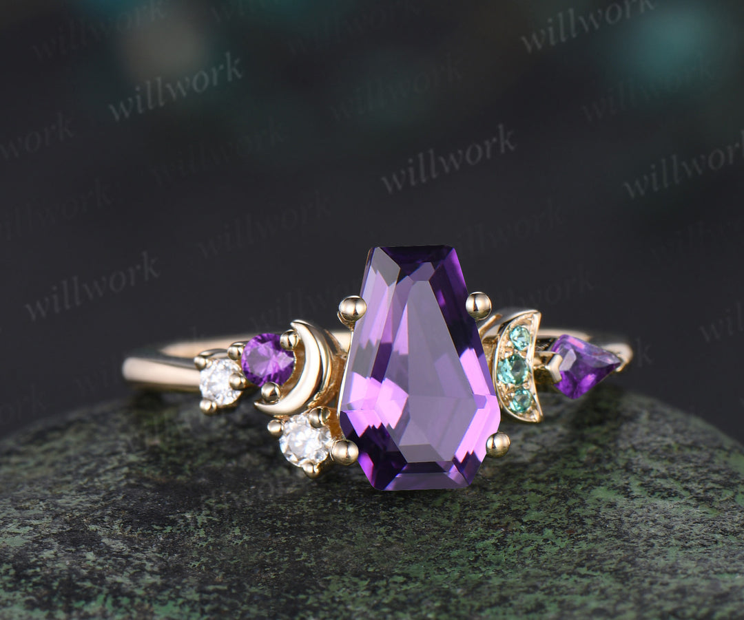 Kite Coffin purple amethyst engagement ring 14k yellow gold cluster moon emerald wedding crystal ring anniversary gift