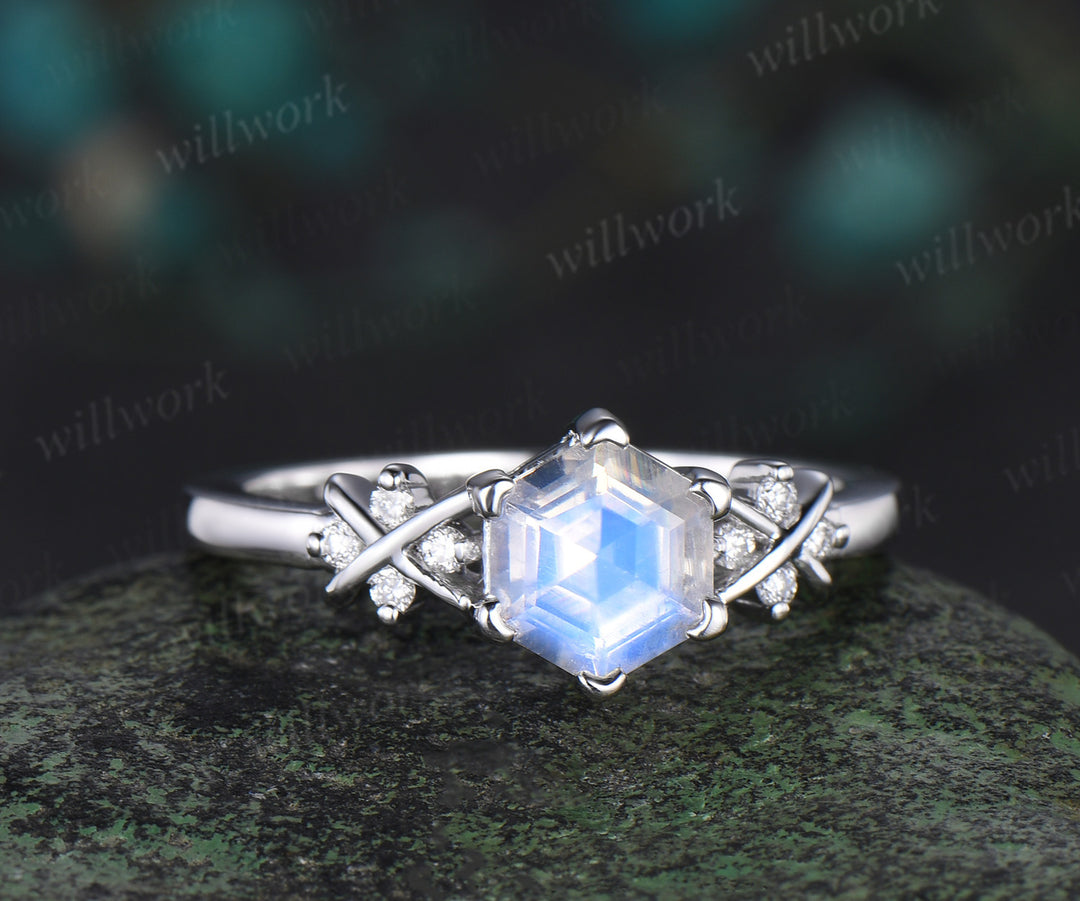 Hexagon cut moonstone engagement ring solid 14k white gold cluster