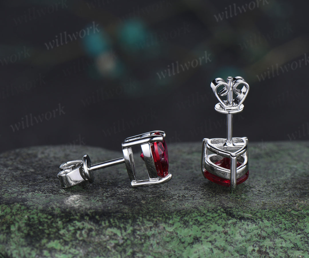 Heart Cut Ruby Stud Earrings Unique July Birthstone Solitaire Earrings 14k white Gold Red Gemstone Pierced Earrings Women