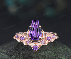 Kite coffin amethyst ring vintage wing bat moon unique engagement ring 14k rose gold wedding ring women