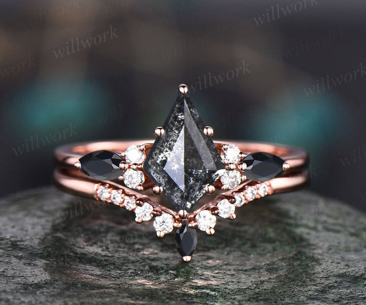 Rose Cut Natural Genuine Kite Salt and Pepper Diamond Engagement Ring Set Black Diamond Bridal Wedding Ring Set for Women