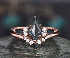 Rose Cut Natural Genuine Kite Salt and Pepper Diamond Engagement Ring Set Black Diamond Bridal Wedding Ring Set for Women