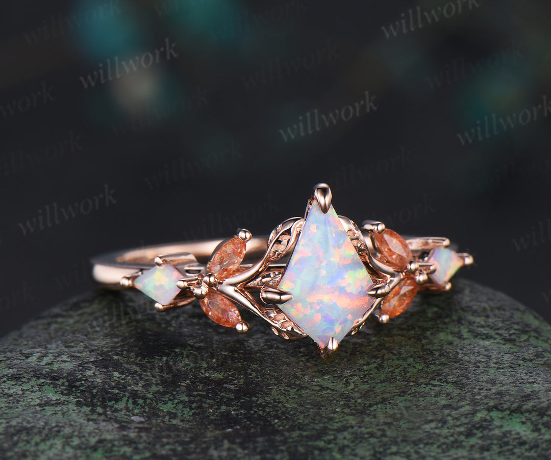 Unique kite opal engagement ring leaf sunstone 14k rose gold art deco nature inspired promise anniversary gift