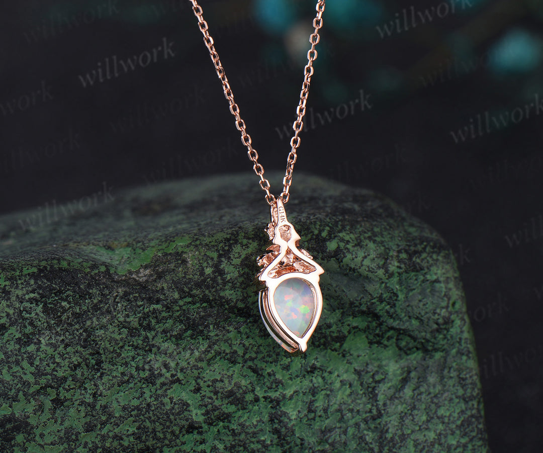 Vintage pear white gold necklace solid 14k 18k rose gold Floral leaf diamond pendant women October birthstone anniversary gift jewelry