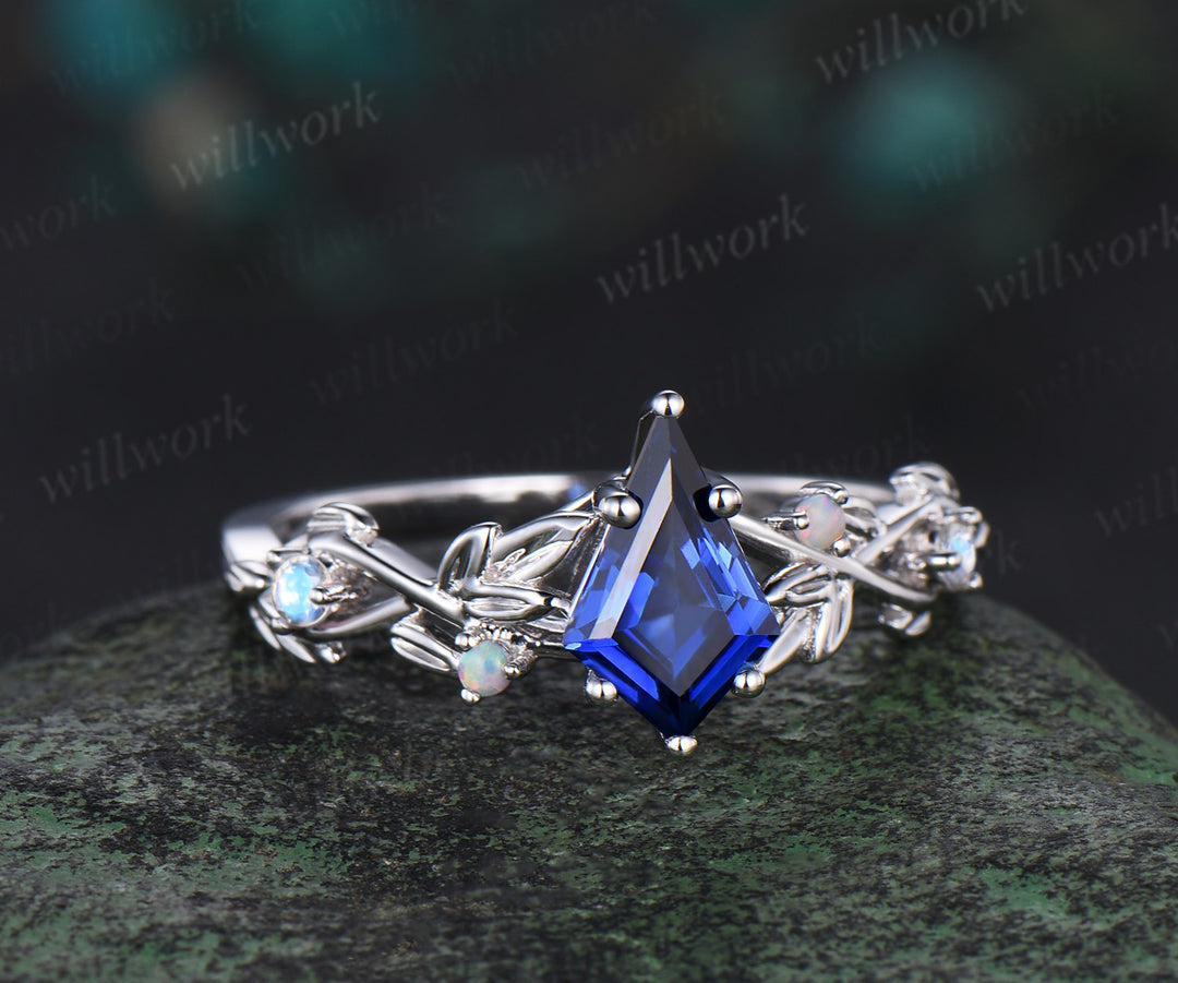 Kite cut blue sapphire engagement ring white gold twig opal ring vintage leaf moonstone nature inspired anniversary gift