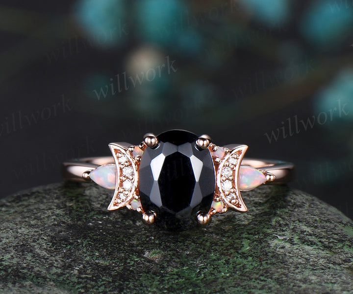 Oval cut black onyx engagement ring retro moon Opal moissanite deco ring 14k rose gold unique crescent promise ring gift