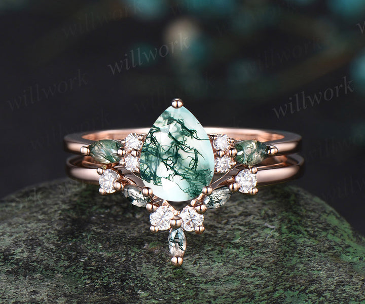 Pear cut moss agate engagement ring set vintage rose gold dainty diamond ring women unique wedding bridal ring set jewelry