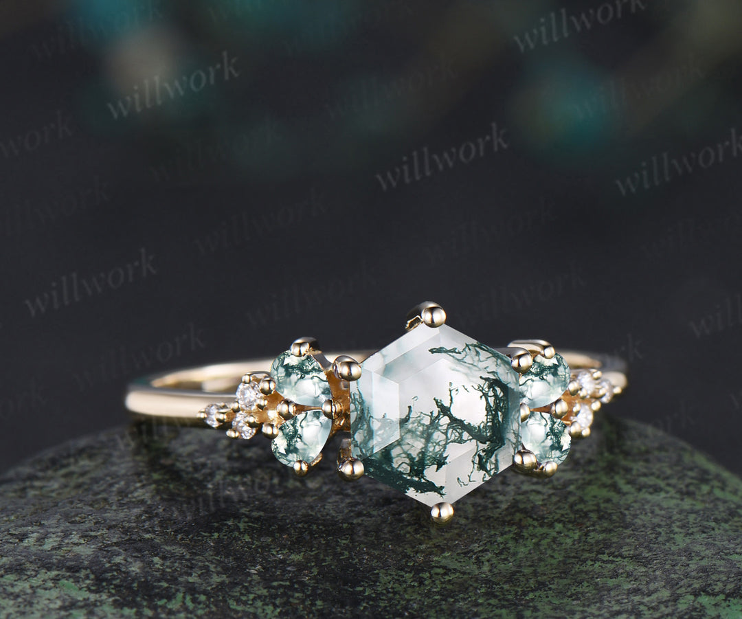 Hexagon cut moss agate engagement ring unique pear moss agate moissanite cluster ring solid yellow gold promise ring jewelry gifts