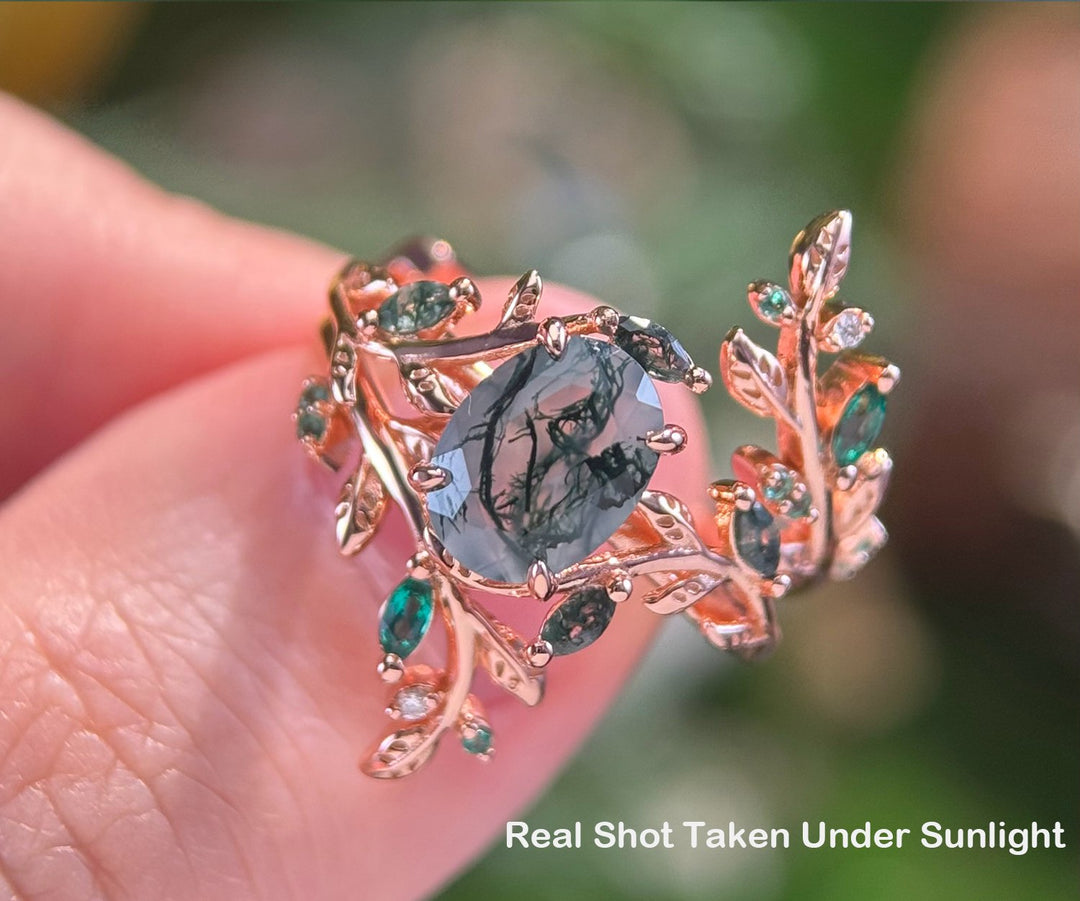Vintage oval moss agate engagement ring set 14k rose gold leaf five stone wedding band enhancer women unique promise bridal ring set gift