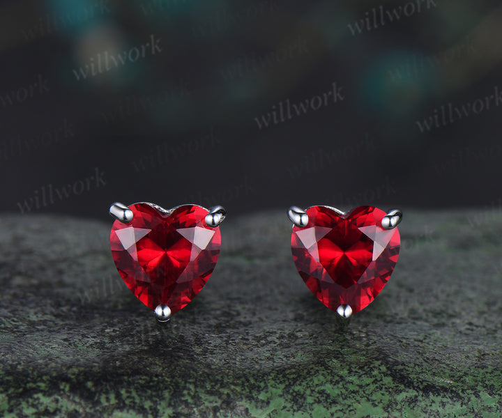 Heart Cut Ruby Stud Earrings Unique July Birthstone Solitaire Earrings 14k white Gold Red Gemstone Pierced Earrings Women