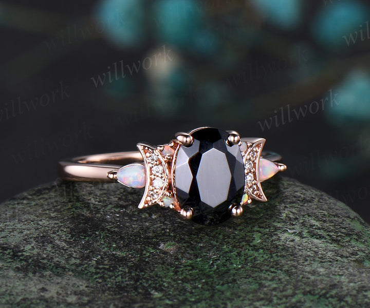 Oval cut black onyx engagement ring retro moon Opal moissanite deco ring 14k rose gold unique crescent promise ring gift