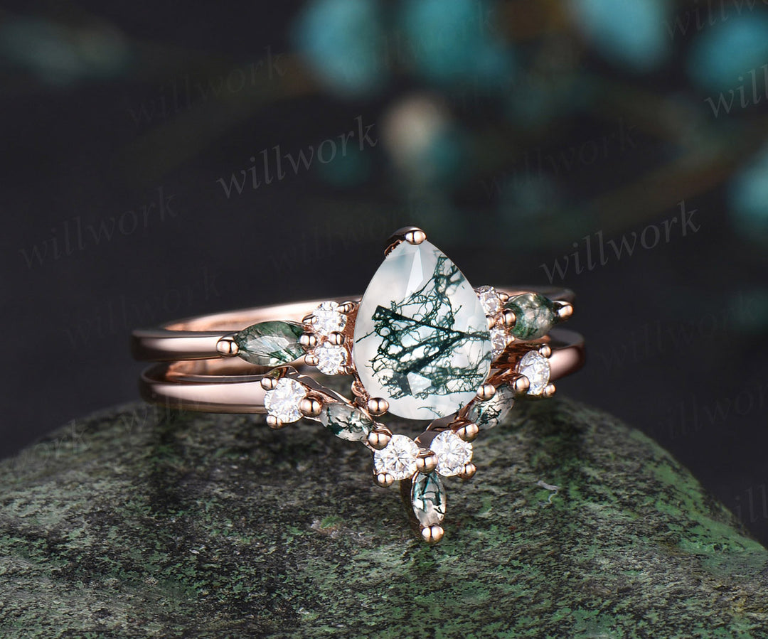 Pear cut moss agate engagement ring set vintage rose gold dainty diamond ring women unique wedding bridal ring set jewelry