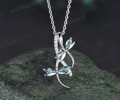Elegant moss agate necklace pendant double dragonfly necklace silver white gold green agate pendant marquise agate handmade proposal gifts