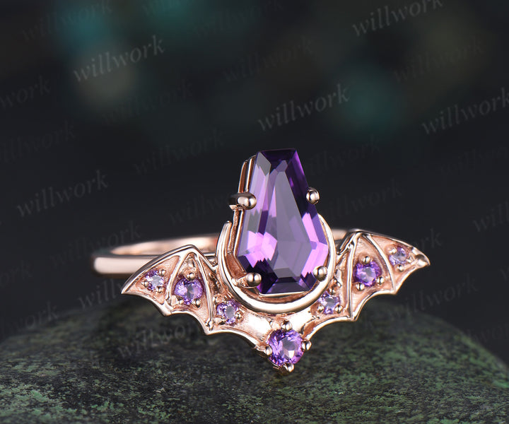Kite coffin amethyst ring vintage wing bat moon unique engagement ring 14k rose gold wedding ring women