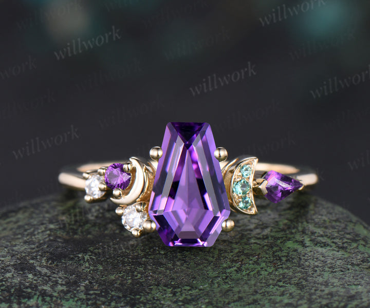 Kite Coffin purple amethyst engagement ring 14k yellow gold cluster moon emerald wedding crystal ring anniversary gift